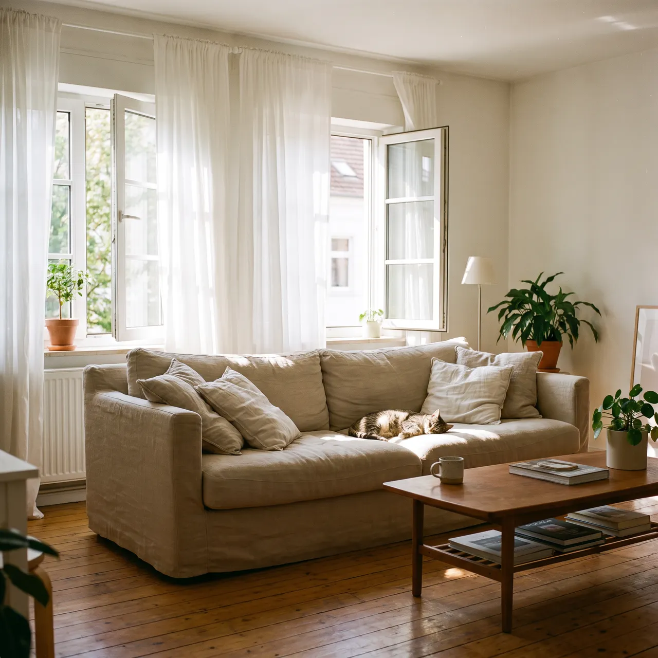 warm photo of a bright, tidy living room in soft morning light with a linen sofa, open windows and sheer curtains