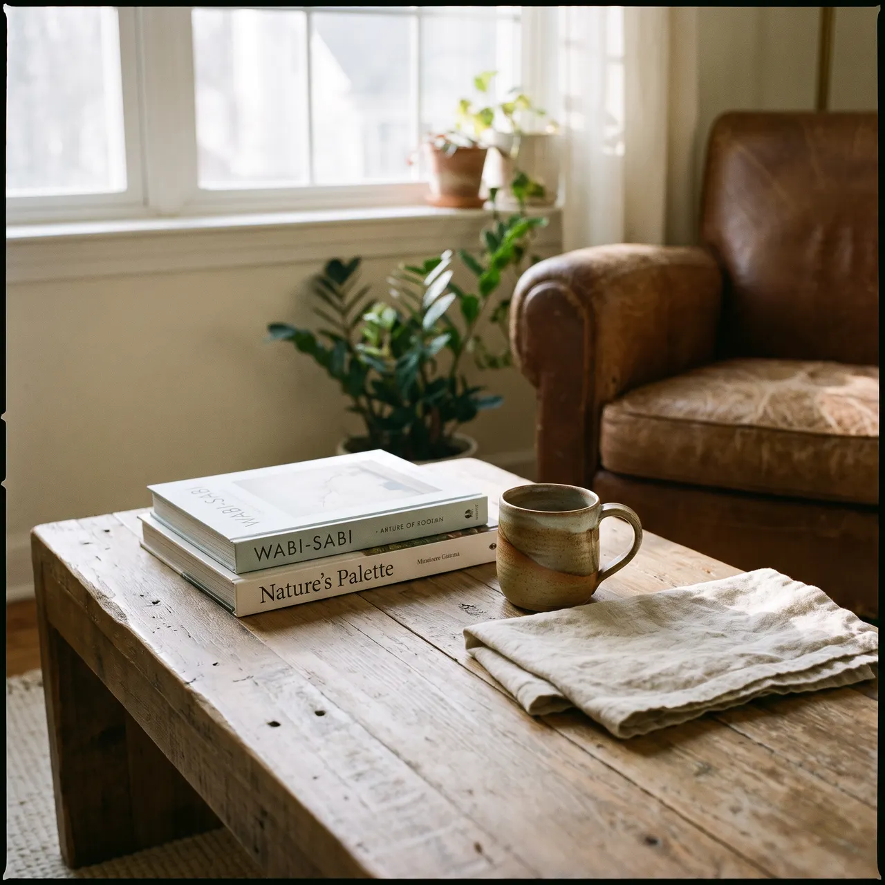 calm photo of a wooden coffee table styled simply with two books, a small ceramic mug and a folded linen cloth