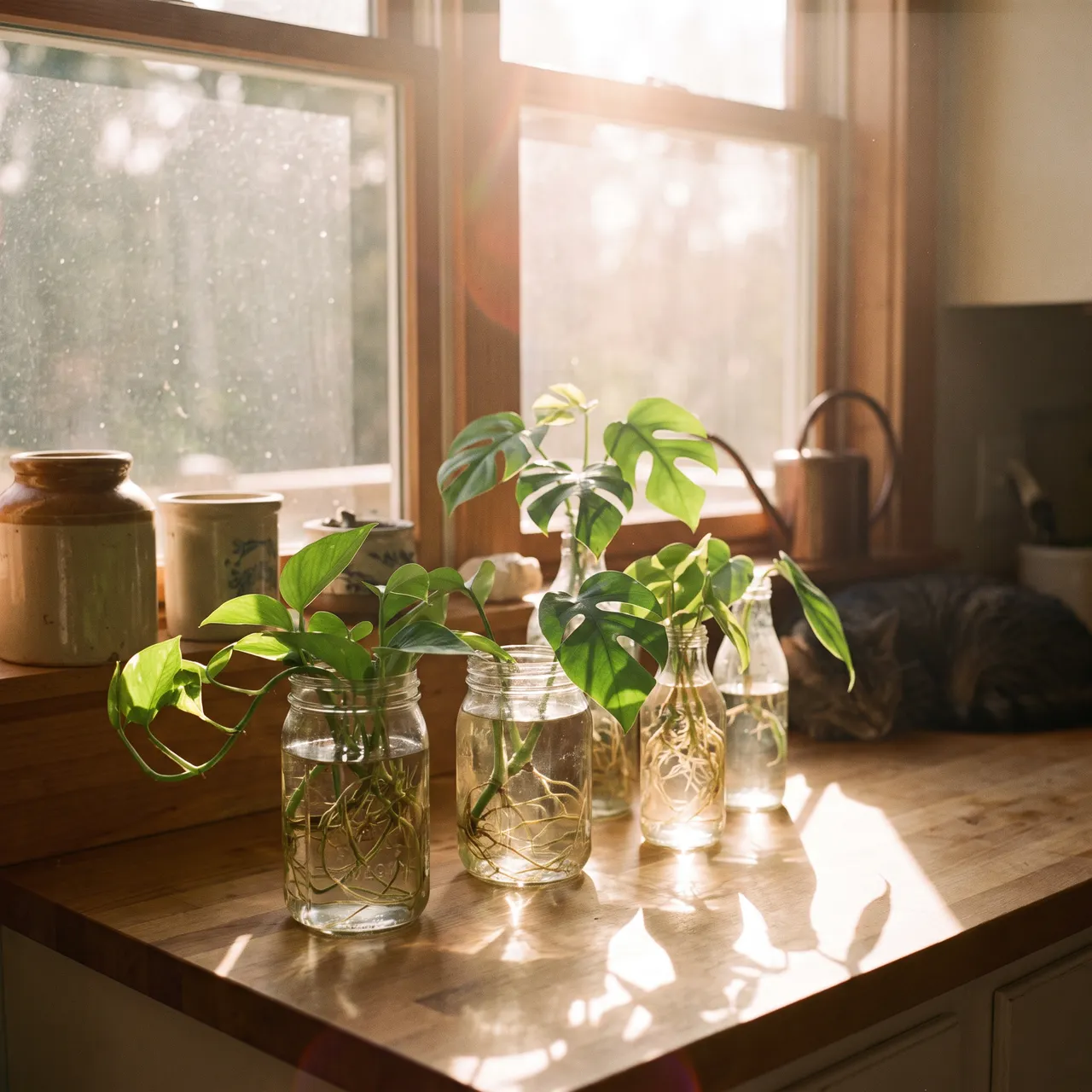 soft photo of green plant cuttings rooting in glass jars of water on a sunny kitchen windowsill