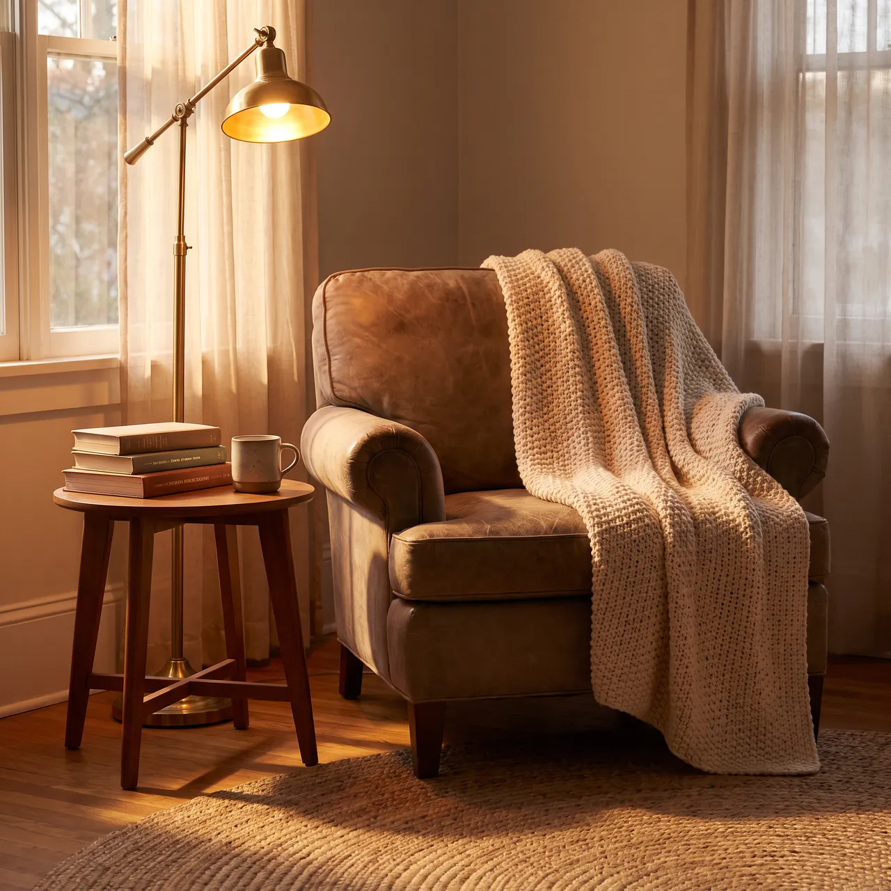cozy photo of a reading corner with an armchair, a knitted throw, a small stack of books and a warm floor lamp in evening light